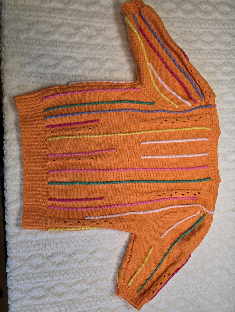 THML Bright Orange Short-Sleeve Crewneck Sweater with Multicolor Raised Stripes - Picture 5 of 5